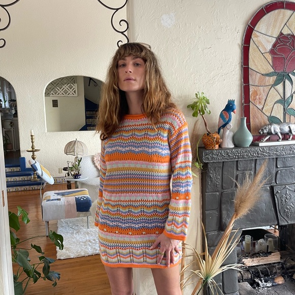 Dresses & Skirts - Crochet Striped Knit Sweater Mini Dress